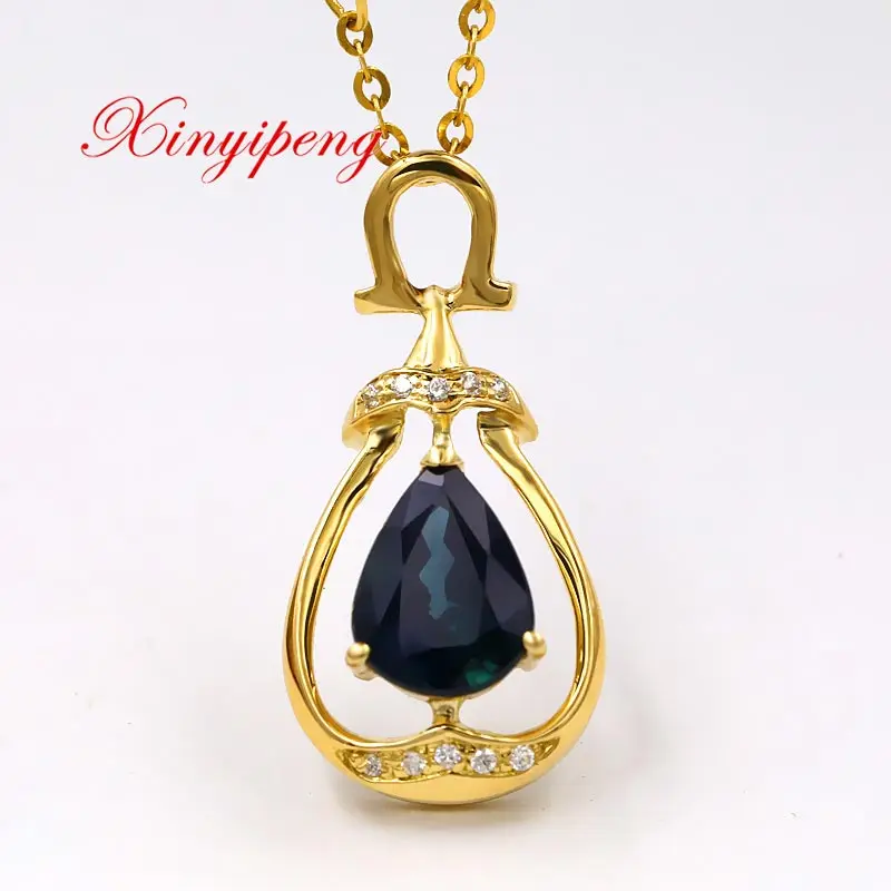 

Xin yi peng 18 k yellow gold inlaid natural sapphire necklace pendant, woman, generous, anniversary gift