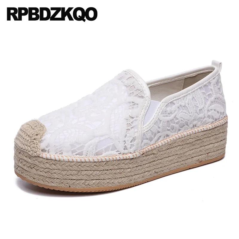 Large Size Creepers Platform Shoes Rope Mesh Women Casual White Lace Elevator Navy Blue Espadrilles Muffin Flats Thick Sole Hemp