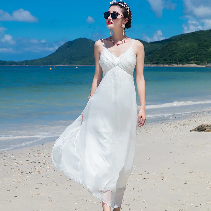 

silk dress 2019 spring summer women long casual sexy chiffon beach dresses bohemian plus large size boho white elastic fairy