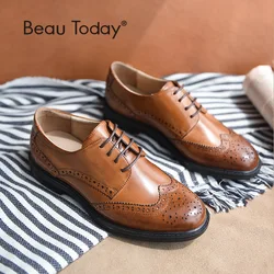 BeauToday Genuine Cow Leather Brogue Shoes Handmade Lace-Up Wingtip Round Toe Waxing Calfskin Top Quality Brand Shoes 21086