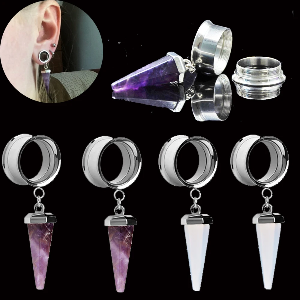 BOG-1 Pair Cone Shape Opal Stone Amethysts Stone Dangle Double Flared Ear Plugs Internally Thread Ear Tunnel Expander Ear Taper