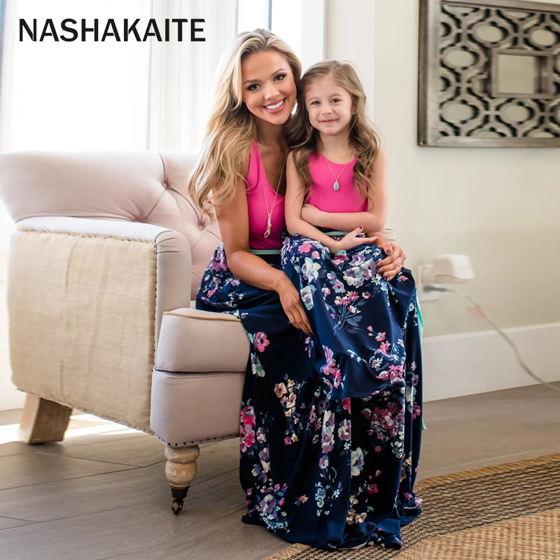 Nashakaite Moeder Dochter Jurken Mode Mouwloze Patchwork Bloemen Riem Lange Jurk Voor Moeder En Dochter Mama En Me Kleding