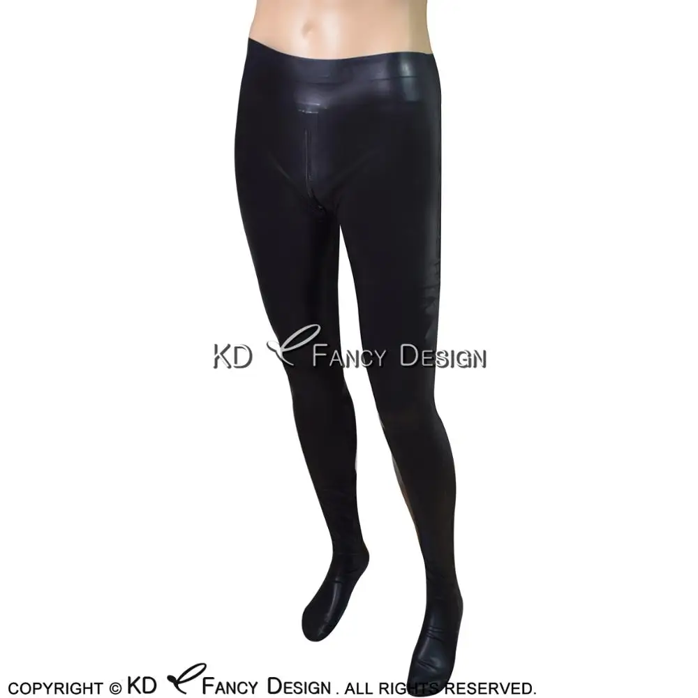 Black Sexy Latex Leggings With Crotch Zipper Feet Socks Rubber Pants Jeans Trousers Bottoms CK-0026