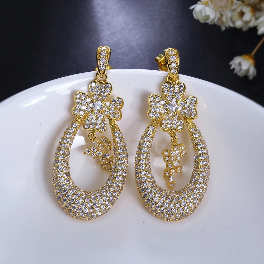 Beautiful flower drop earrings micro pave zirconia crystal aretes Jewelry luxury statement jewellery women elegant earring