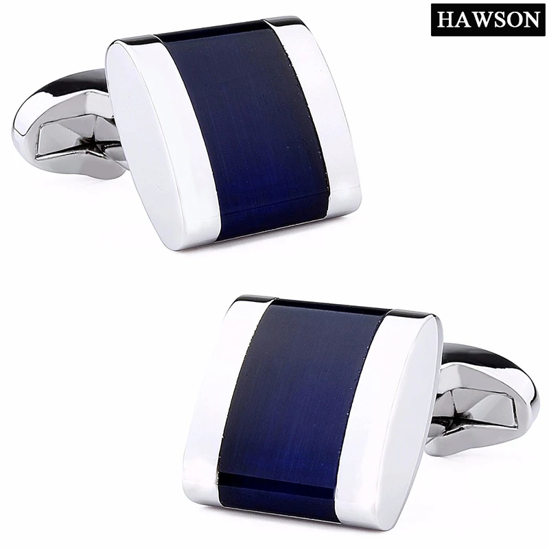 HAWSON Classic Opal Cufflinks for Men Luxury Navy Blue Stone Cufflinks High Quality Fashion Men\'s Jewelry with Box 16x16mm