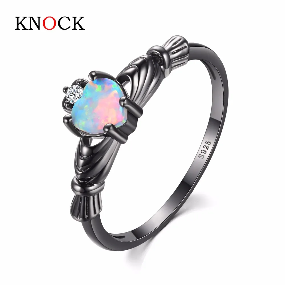 KNOCK  high Charming Heart Shape Fire Opal Rings For Women Wedding Band Vintage Black  Filled White  Ring