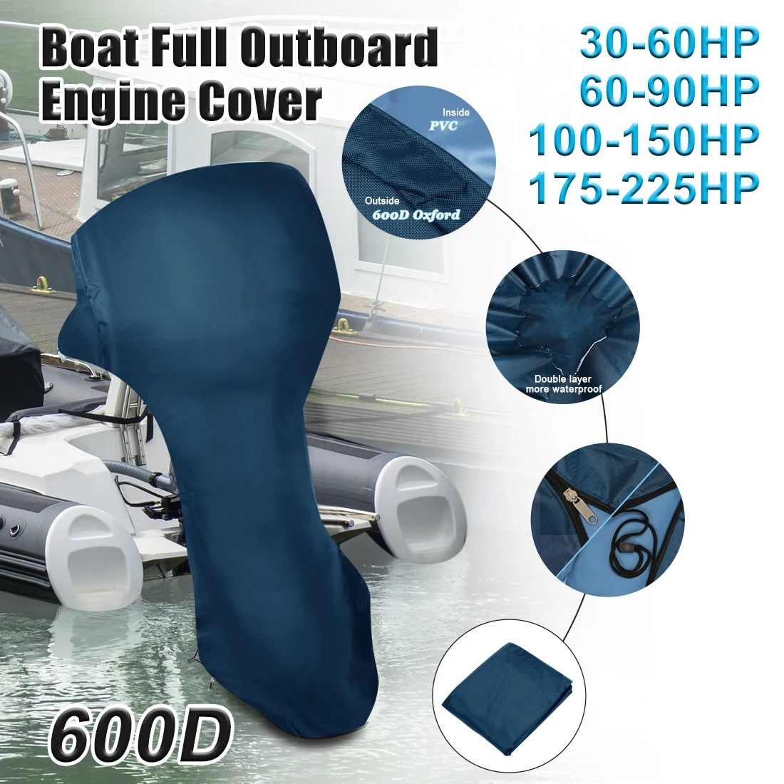 Full Boat Outboard Engine Cover 6-225HP Waterproof Dust Rain Sun UV Resistant 600D Oxford Cloth PVC Outboard Motor Cover