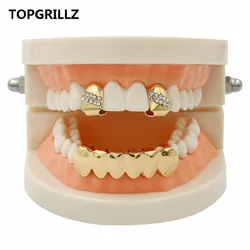 TOPGRILLZ Hip Hop Grillz Yellow Gold Color Plated  2 Single Top Teeth Grillz Caps With CZ Stone Tooth Grills & Classic Bottom