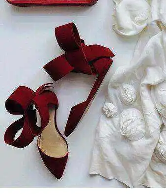 Hot Red Black Suede Big Bowtie Flat Shoes Young Girls Sweet Style Pointed Toe Butterfly-knot Dress Shoes Beach Dress Footwear