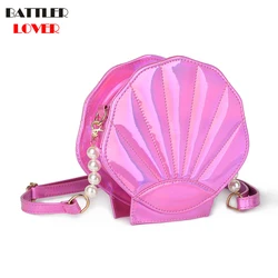 New Cute Beach Bag PU Leather Laser Lolita Mini Crossbody Bags for Women Novetly Handbags Sea Shell Shape Luxury Girl Funny Flap