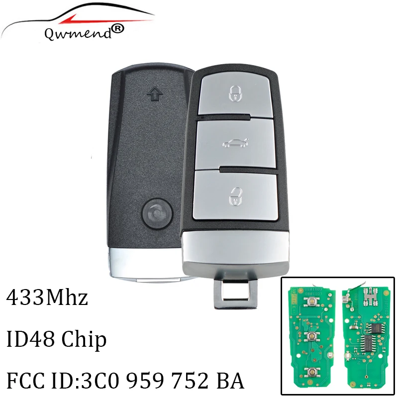 QWMEND Keyless Uncut Flip Smart Car Remote Key Fob 433MHZ With ID48 Chip 3C0959752BA for VolksWagen Passat B6 3C B7 Magotan CC