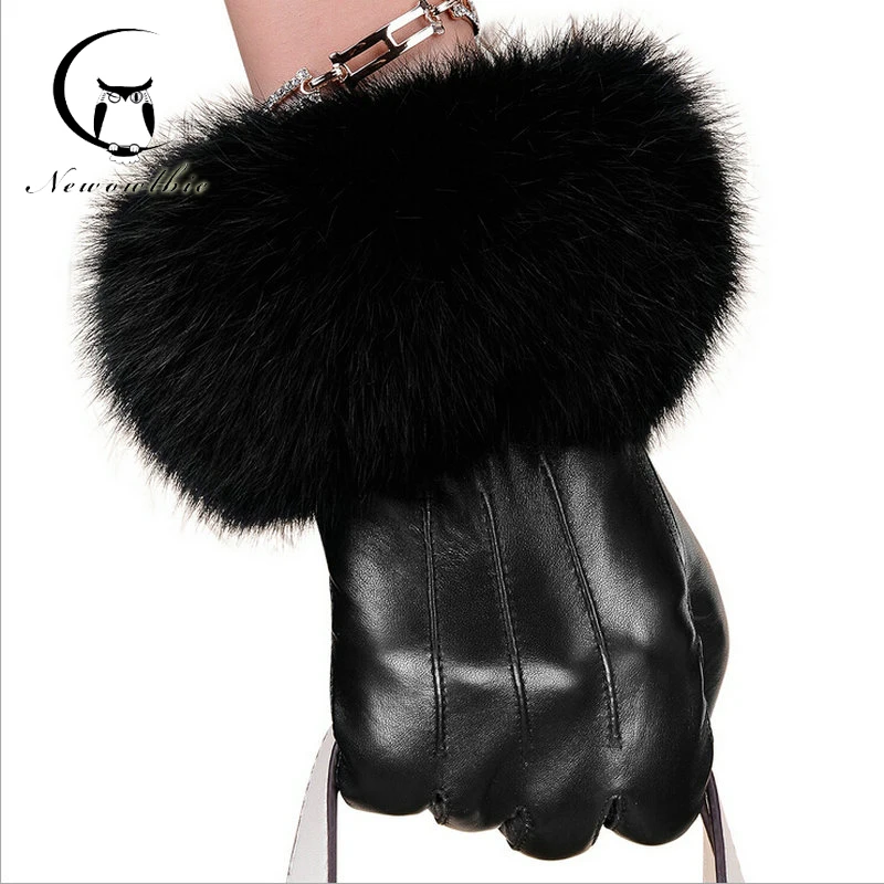 Women's spring riding warm gloves full finger leather warm-keeping gloves real thick fur rabbit gloves