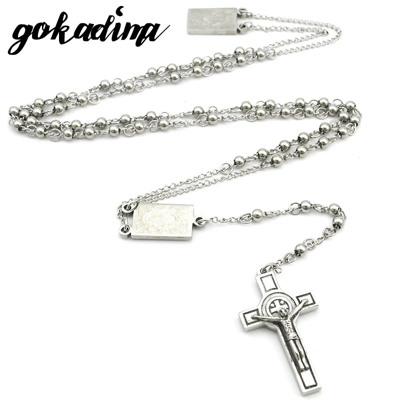 GOKADIMA 2017 New Gold Color Stainless Steel Men Jewelry Beads Cross Pendant Rosary Necklace Women Party Gift HIP HOP WRN18