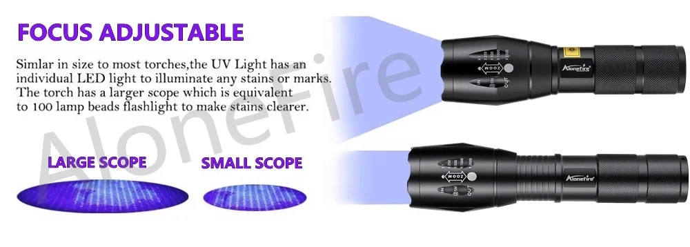 Zoom UV-LED-Taschenlampe, 365 nm, 395 nm, unsichtbare Tinte, Marker, Katze, Hund, Urin, Tinea, Erz, Geld, Skorpion, Fluoreszenzlicht, Verwendung AAA 18650 – Detail 3