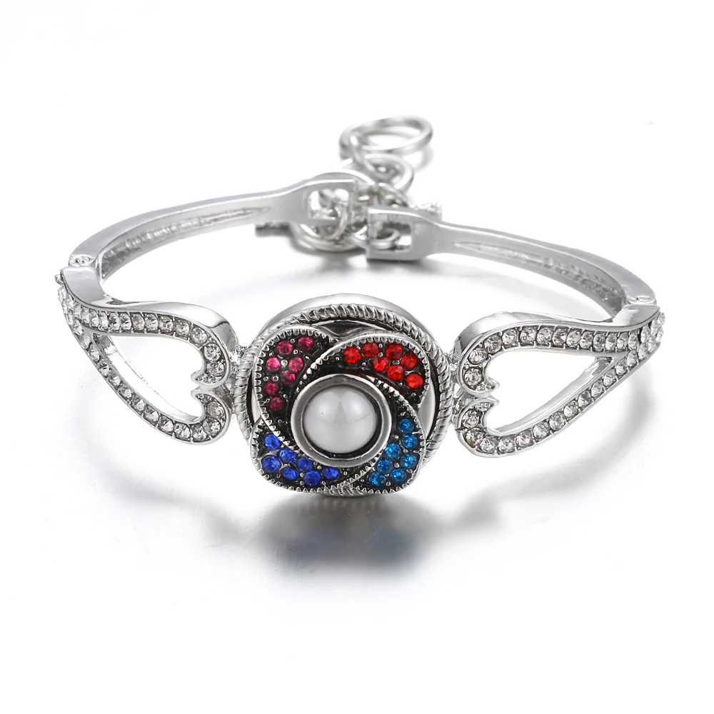 New Fashion silver plated hollow Rhinestone hearts snap Bracelet bangle 22CM fit 18MM snap button jewelry wholesale image 3