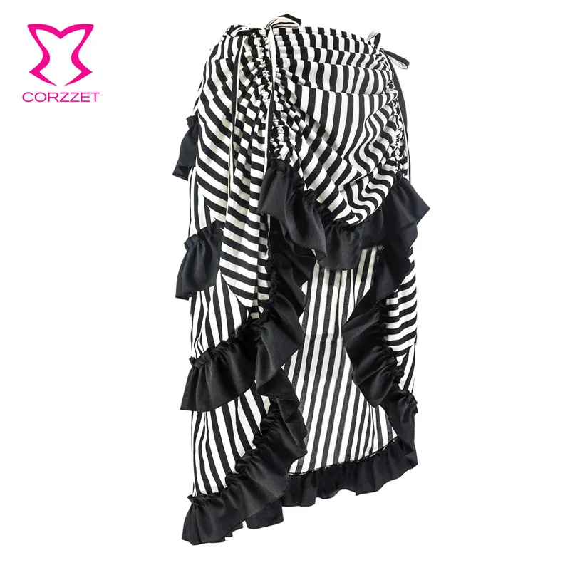 Black And White Striped Long Adjustable Asymmetrical Ruffle Vintage Steampunk Skirts Women Sexy Skirt Victorian Gothic Clothing