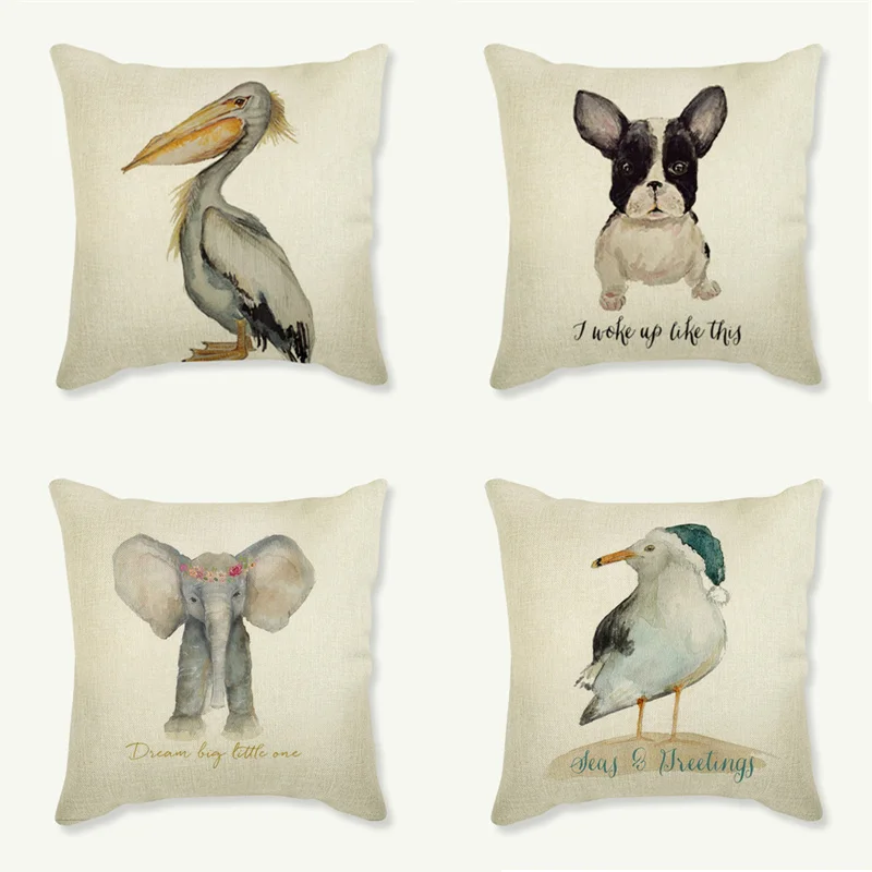 Water Color Paint Animal Cute Cushion Cover Deer Bird Elephant Fox Dog Design Bedroom Sofa Decoration Pillow Case cojines