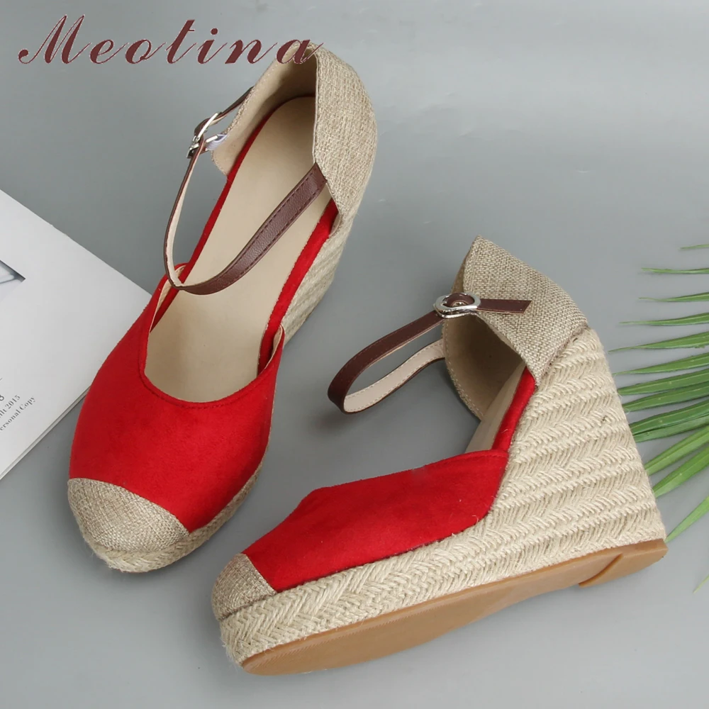 Meotina Espadrille Sandals Women Platform Wedges Shoes Bohemia Ankle Strap High Heels Sandals Two Piece Red Blue Big Size 34-43