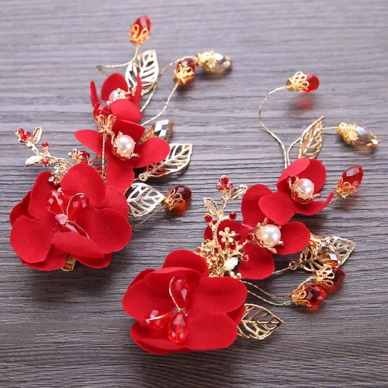 Hot Sale 1pc Women Girl Hair Pin Hair Accessories Red Flower Leaf Crystal Bridal Hair Clip Hairpin Tiara Headpiece Head Jewelry