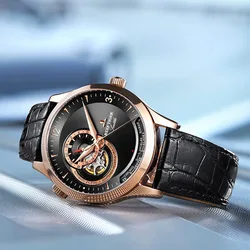 Reef Tiger/RT Top Brand Casual Automatic Watch for Men Mechanical Leather Strap Rose Gold Black Dial Clock RGA1693