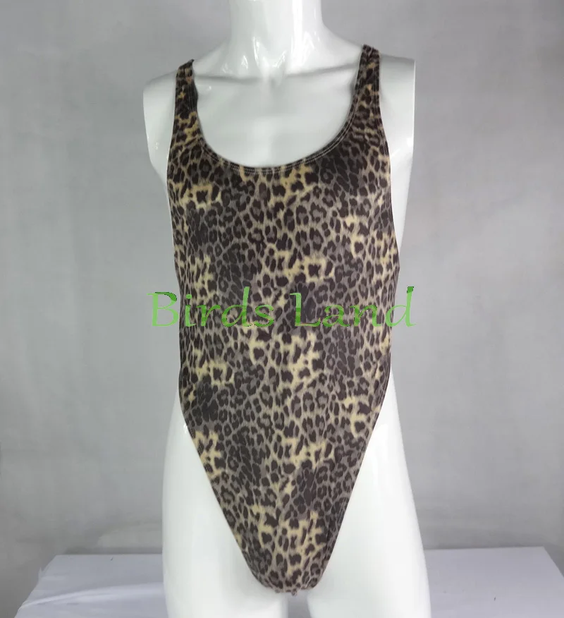 Mens Thong Bodysuit Stretchy High Cut X Cross Back Leopard print velvet G728CD