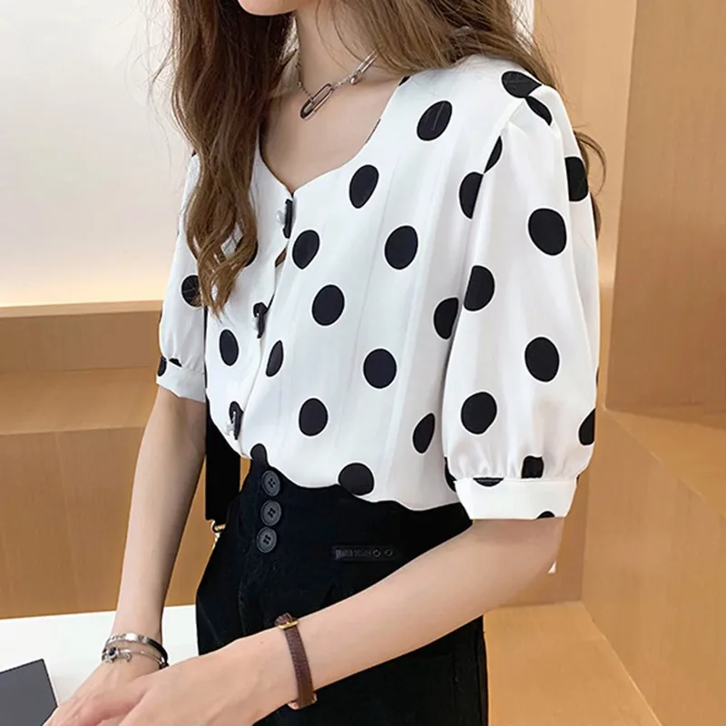 2020 Women Summer Polka Dot Loose Blouses O Neck Short Sleeve Dot Print Button Up Chiffon Blouse