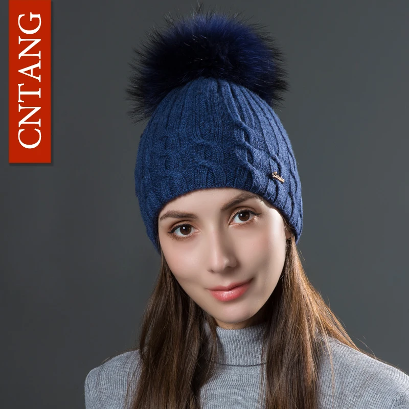 CNTANG Double Layer Women Wool Caps With Natural Raccoon Fur Pompoms Hats Winter Warm Knitted Twist Beanies Fashion Female Hat