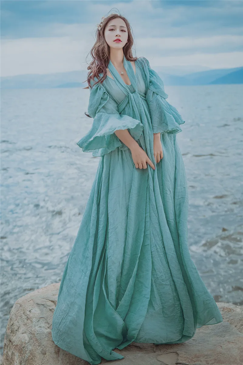 Free ship light blue seashore photo shooting vintage fairy long dress medieval dress Renaissance Gown princess Victorian dress