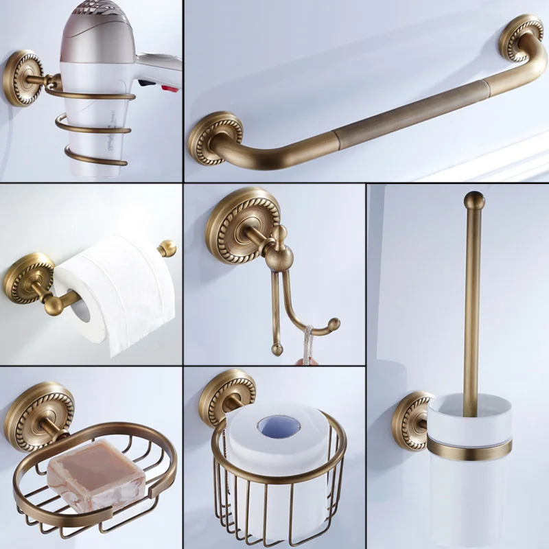 Bronze Bathroom Accessories Antique Toilet Brush Holder Vintage WC Roll Paper Holder Ceramic Double Cup Holder Brass Soap Dishes