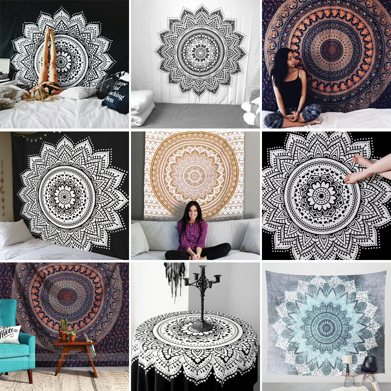 

Classical Black And White Tapestry India Style Wall Hanging Hippie Mandala Tapestry Background wall Yoga blanket Home Decorate