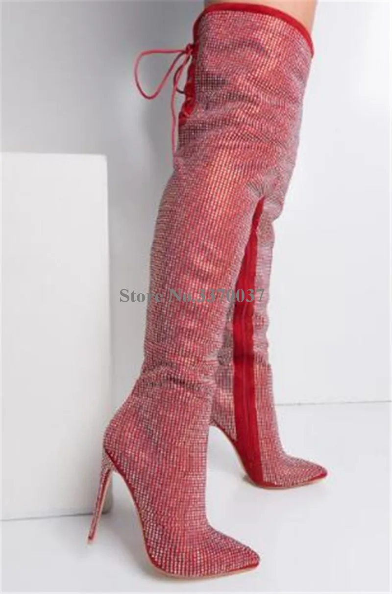 Charming Bling Bling Women Pointed Toe Rhinestone Over Knee Thin Heel Boots Red Black Crystal Slim Long High Heel Boots Dress