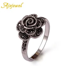 Ajojewel #7-9 Thin Flower Ring With Black Rhinestones Hot Selling Retro Jewelry Bijoux Cute Gift