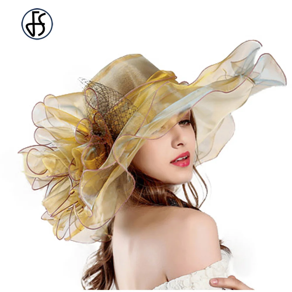 FS 2024 Fashion Summer Organza Kentucky Derby Hats For Women Elegant Ladies Wide Large Brim Church Wedding Hat With Big Flower