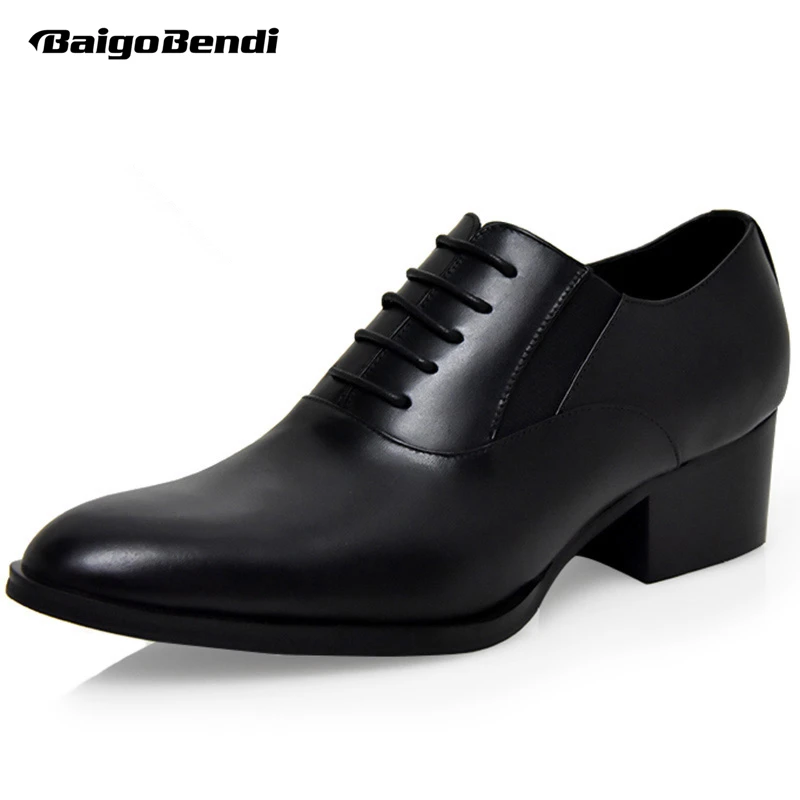 

Full Grain Leather Men's Lace Up Heighten Shoes Man Black Formal Dress Height Increasing Oxfords