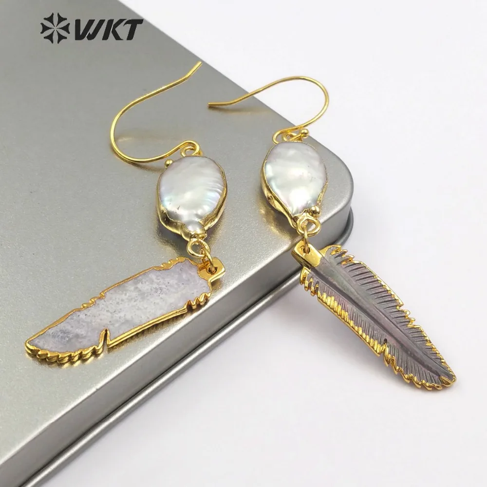 WKT WT-E494 Classic Feather Shape Natural Shell Earrings Connector Is A Natural Pearl High Quality Female Earrings