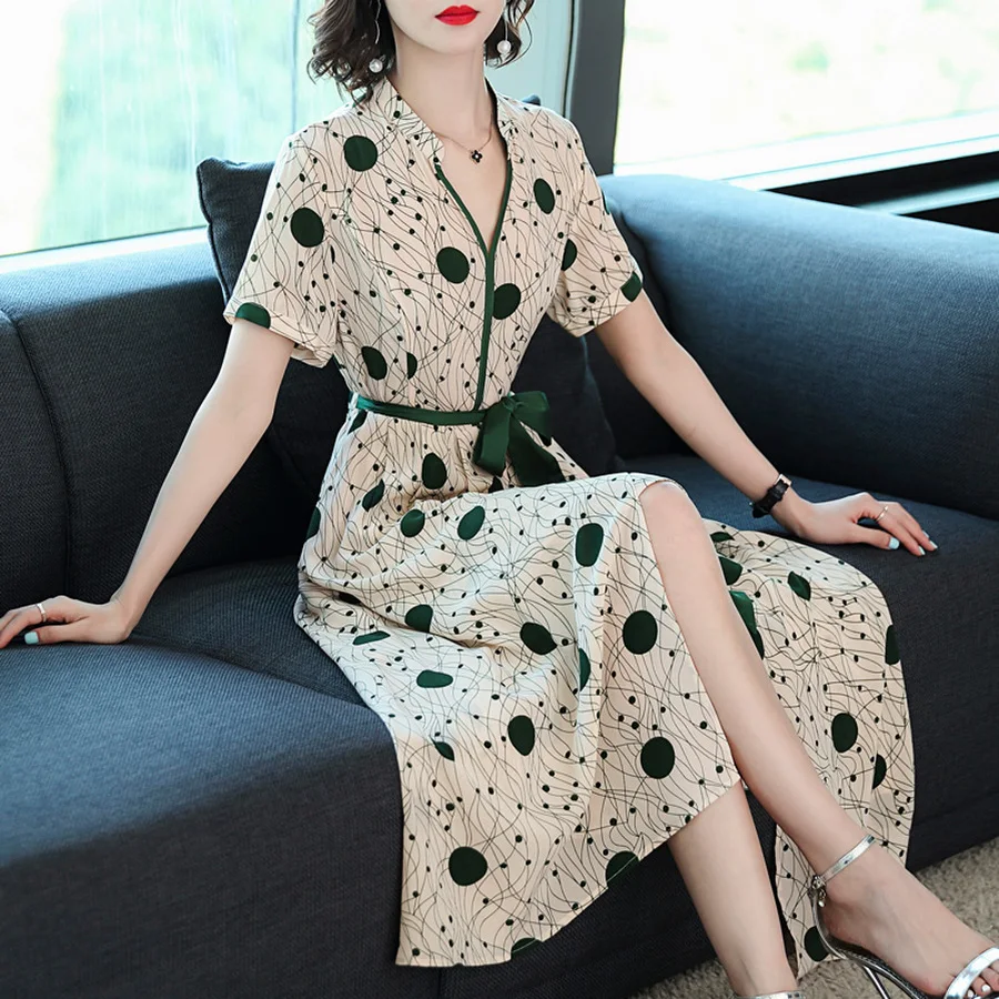 2024 koreanische Vintage Seide Midi Kleid Sommer neue Büro Dame weißen Druck elegante Boho Maxi Sommerkleid Frauen Bodycon Party Vestidos