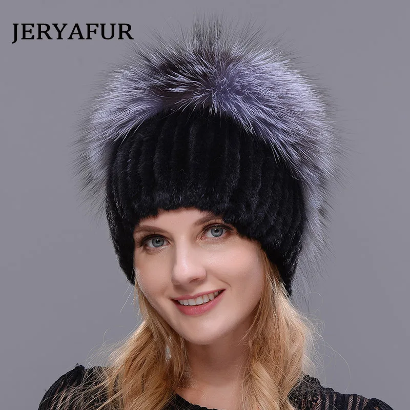 JERYAFUR New Style Fur Hat Knitting Wool Fashion Mink And Fox Fur Hat Winter Women\'s Trip Ski Cap Protects Ears