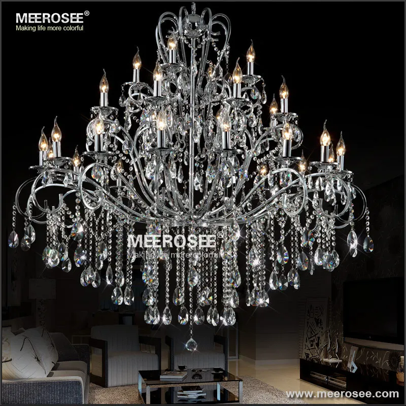 Large 28 Arms Wrought Iron Chandelier Crystal Light Fixture Chrome Lustre De Sala Crystal Hanging Lamp for foyer villa