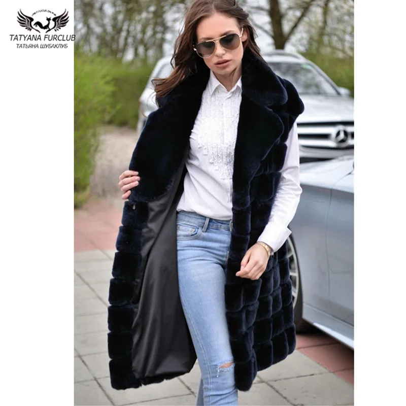 Navy Blue Genuine Rex Rabbit Fur Coat Turn-down Collar Natural Whole Skin Real Fur Coats Rex Rabbit Fur Overcoats Women Luxury