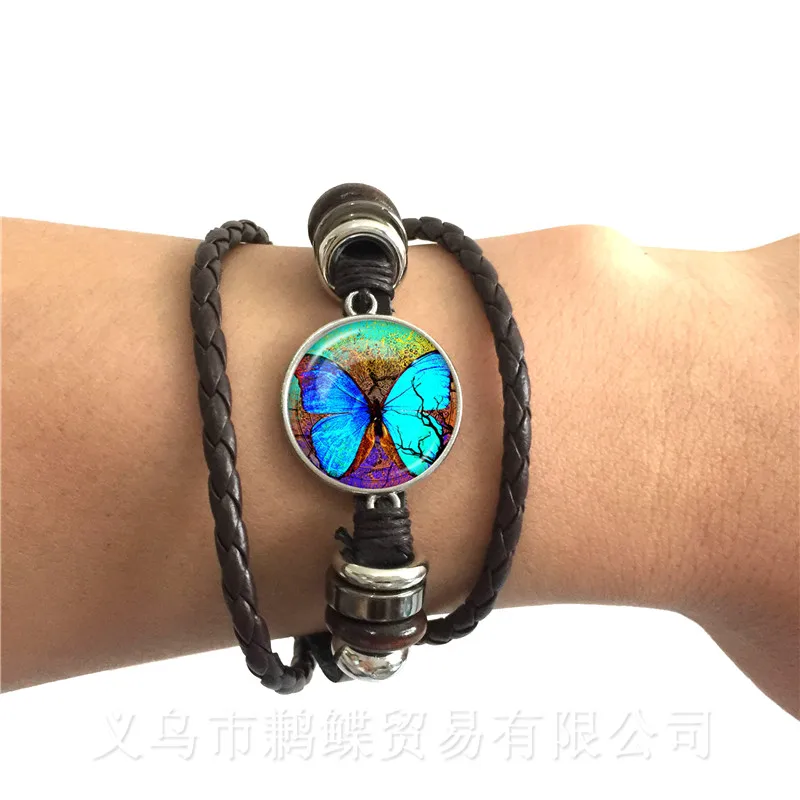 New Beautiful Purple Butterfly Bracelet Art Picture 20mm Glass Cabochon Dome Black/Brown 2 Color Leather Cords Adjustable Bangle