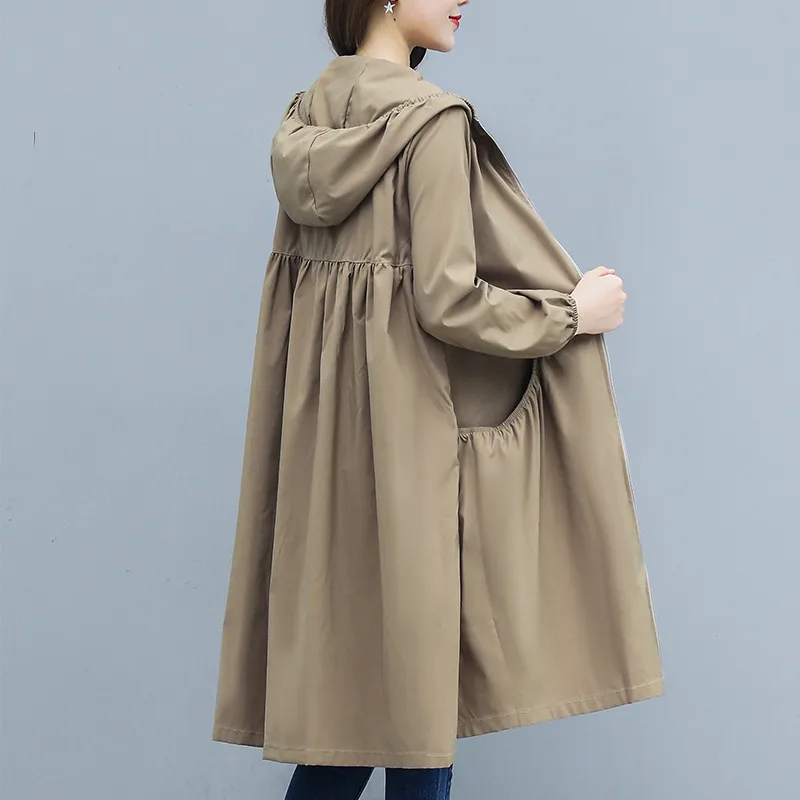 

New Long Coat Thin Trench Coat Women 2024 New Spring Autumn Large Size Loose Hooded Female Windbreaker Casual Outerwear R863