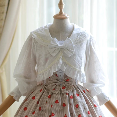 

Princess sweet lolita blouse Cream white cotton lace embroidery navy style sailor collar big bow full shell blouse kcse01