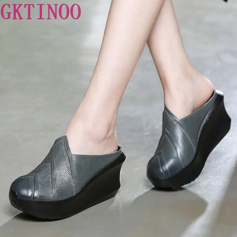 GKTINOO 2024 Genuine Leather Women Slippers 8 CM High Heels Wedges Summer Shoes Platform Retro Handmade Women Leather Slipper