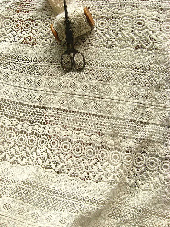 ivory cotton Lace Fabric, antique crocheted lace fabric for DIY sewing supplies by the yard