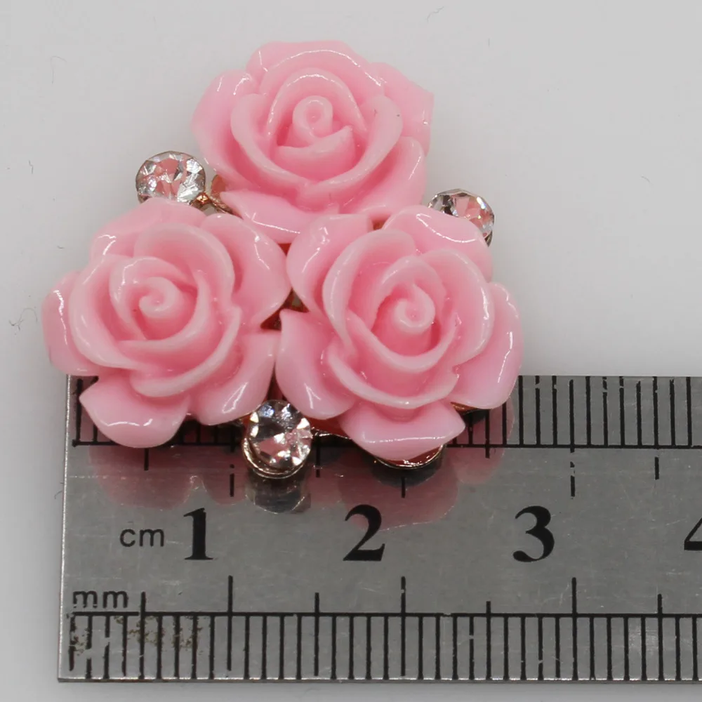 Resin Rose Flowers Button Oval Pink Golden Metal Wedding Bride Holding Flowers, Decorative Hair Accessories, Scrapbooking, 28mm