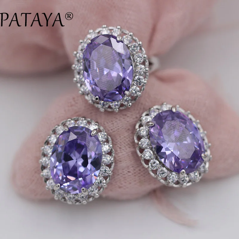 PATAYA New Arrivals Women Wedding Party Luxury Romantic Jewelry Set Accessories Oval Green Natural Zirconia Earrings Ring Sets