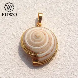 FUWO Wholesale Natural Trumpet Shell Pendant,Golden Plated Off Center Drilled Spiral Accessories For Jewelry Making 5Pcs PD535