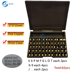 金メッキの文字と数字,2x3x15mm,銅,日付,金属タイプライター,コーディングマシン用,日付コードプリンター,送料無料