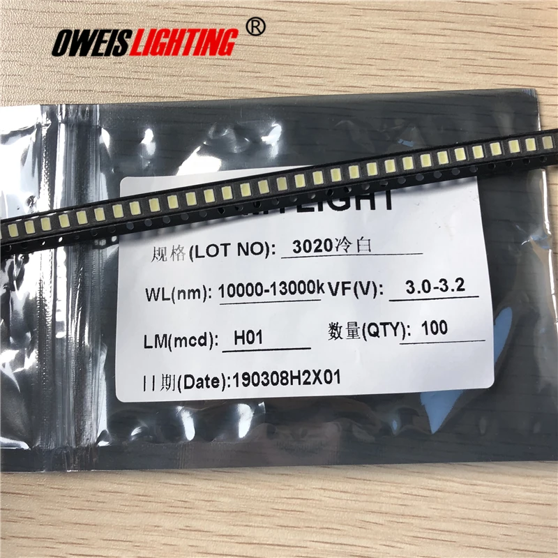 100 peças 3020 led branco 6-7lm verdadeiro branco 6000-7000k/frio 10000-13000k 2.8-3.0v 20ma contas de luz smd