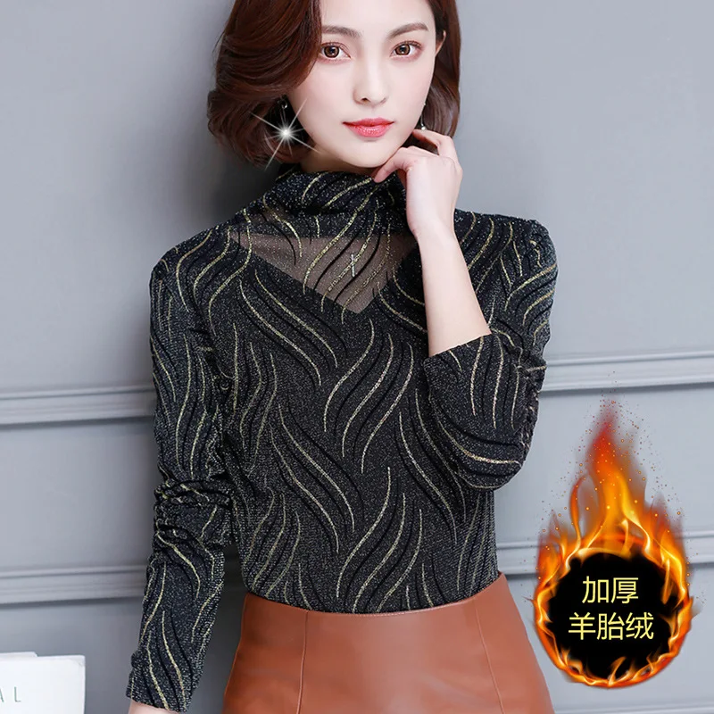 

Lady Warm Shirts Girls Autumn Winter Thickened Velvet T Shirt Female Sexy Lace Undercoat Long-sleeved Plus Size Suit B9640